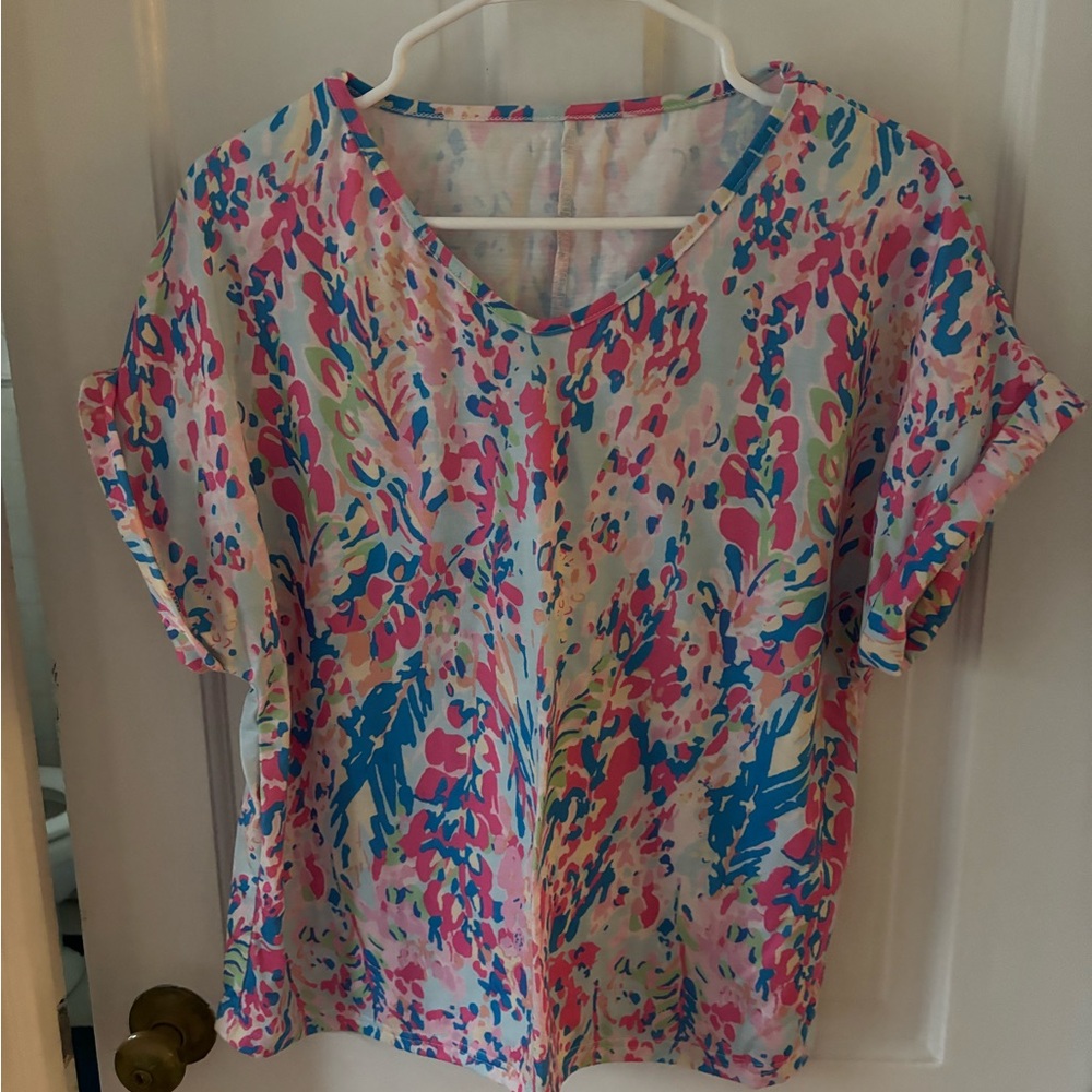 SHEIN Multicolor Floral V-Neck Blouse in Pink, Blue, Green